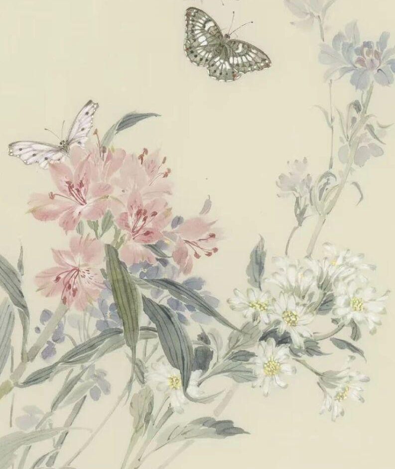 Chinese bird-and-flower painting of lilies, flowers and butterflies